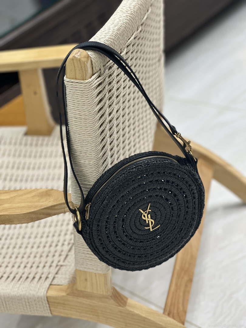 YSL 744292 Saint Laurent Round Bag In Black Raffia And Vegetable-Tanned Leather