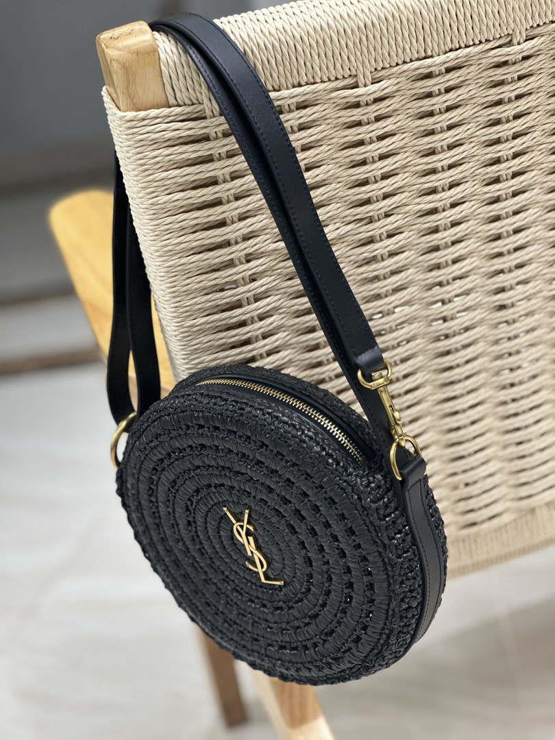 YSL 744292 Saint Laurent Round Bag In Black Raffia And Vegetable-Tanned Leather