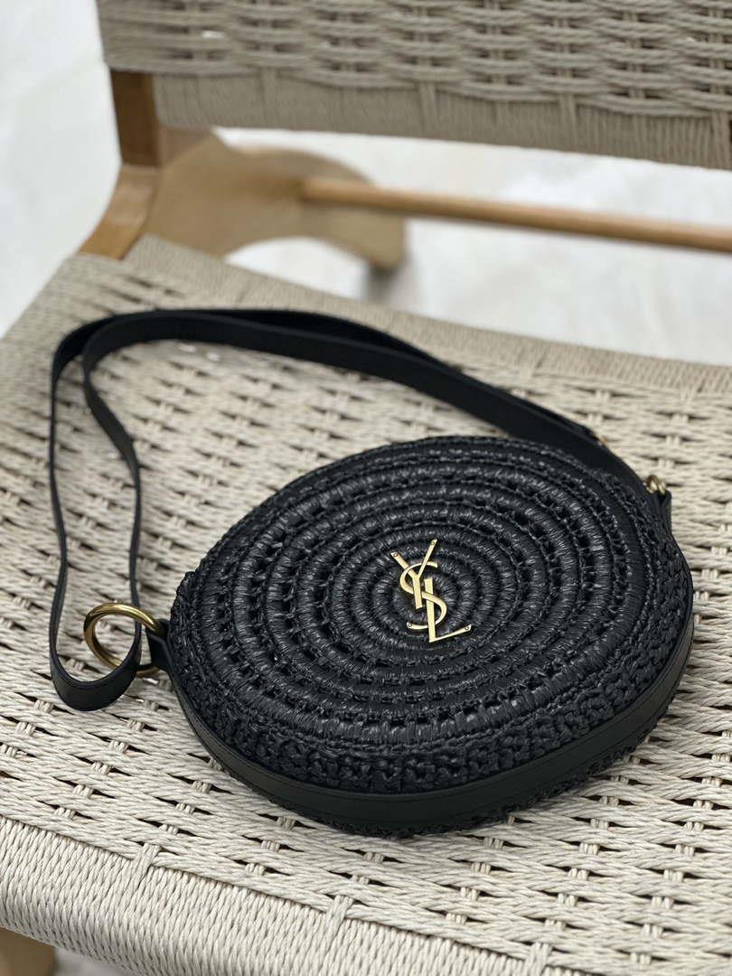 YSL 744292 Saint Laurent Round Bag In Black Raffia And Vegetable-Tanned Leather